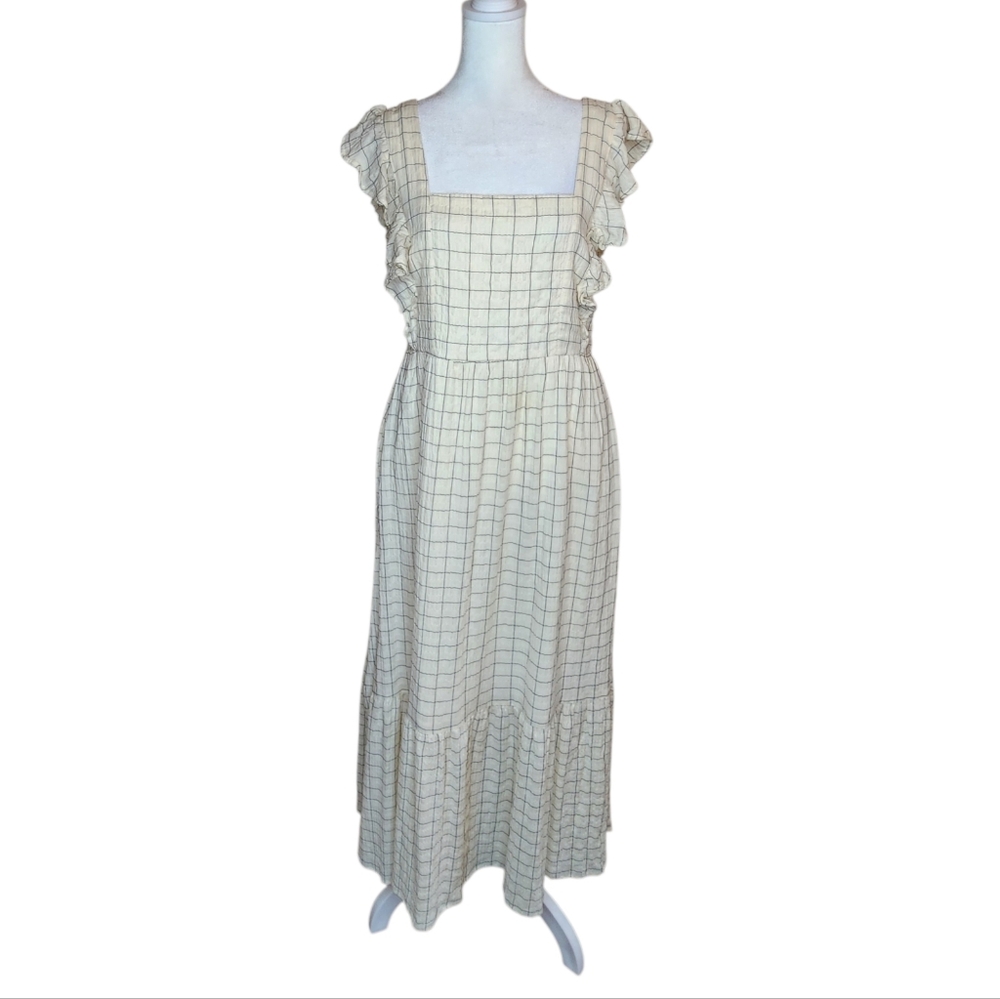 Evereve Mae Windowpane Plaid Ruffle Sleeve Maxi Dress Cream Size Small